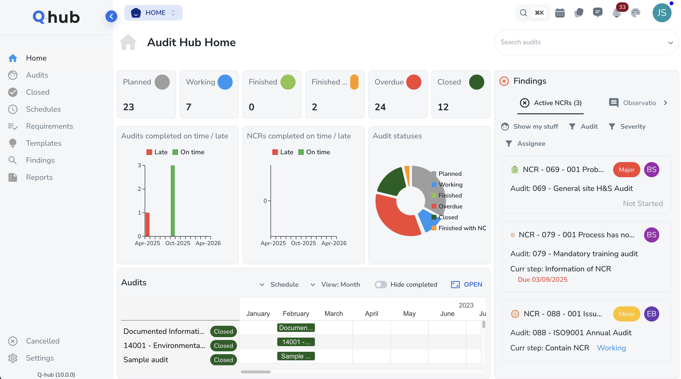 Q-Hub Audit Hub showing scheduled site audits, inspection findings and corrective action tracking for construction