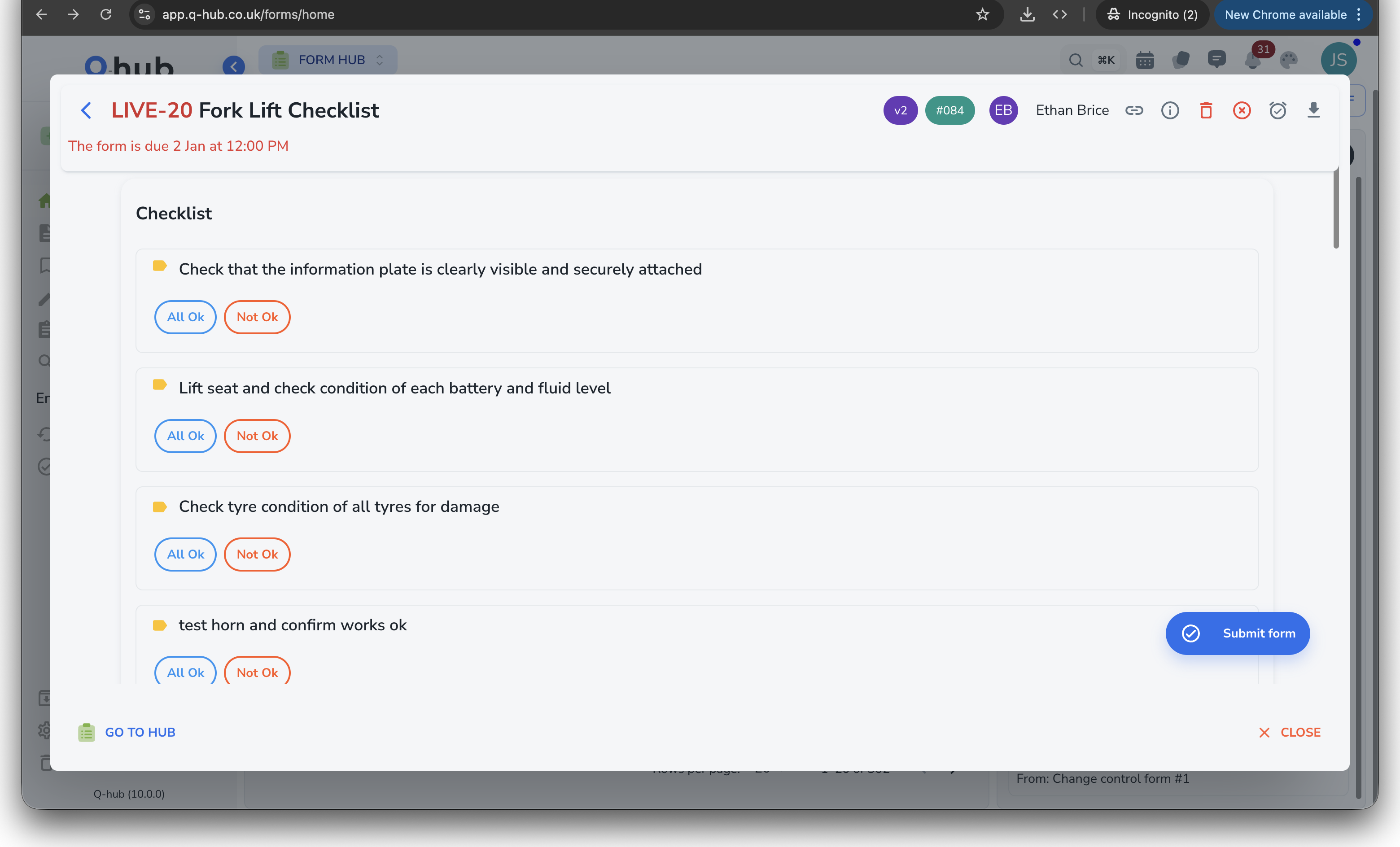 Q-Hub Fork Lift Checklist form with All Ok and Not Ok buttons for each inspection item