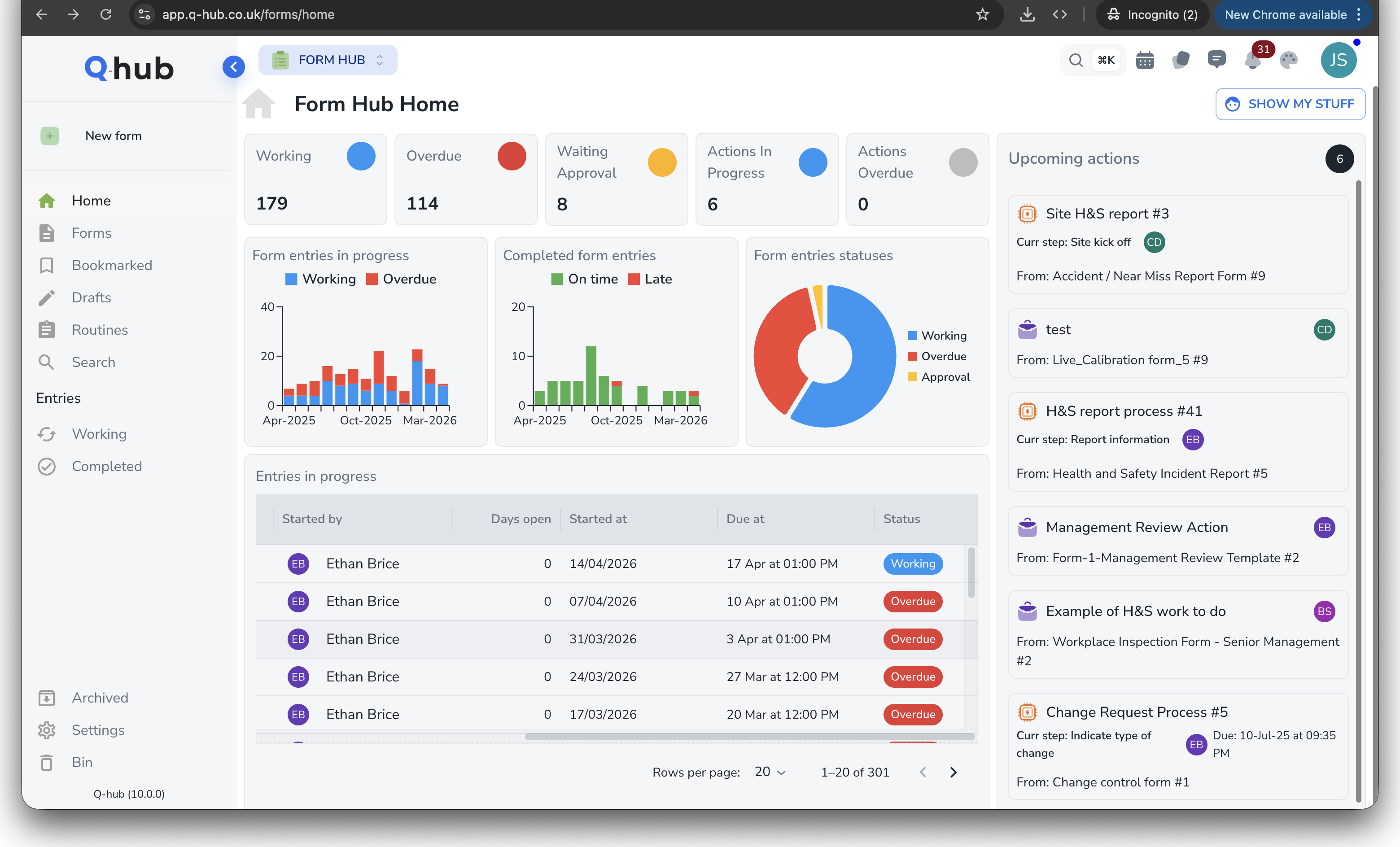 Q-Hub form submissions dashboard with filtering and search