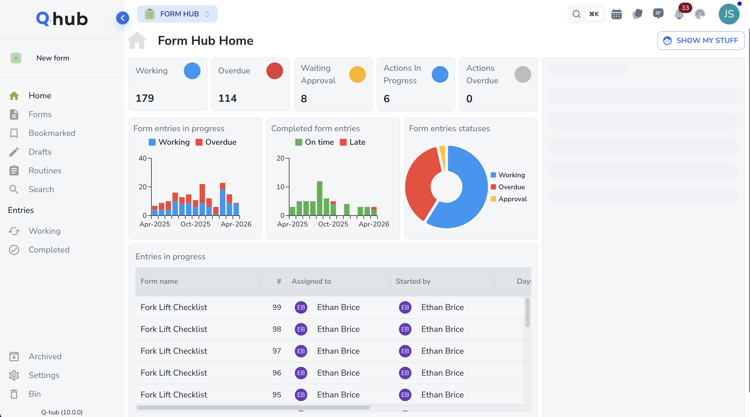 Q-Hub Form Hub showing digital site inspection checklists, RAMS templates and permit to work forms for construction