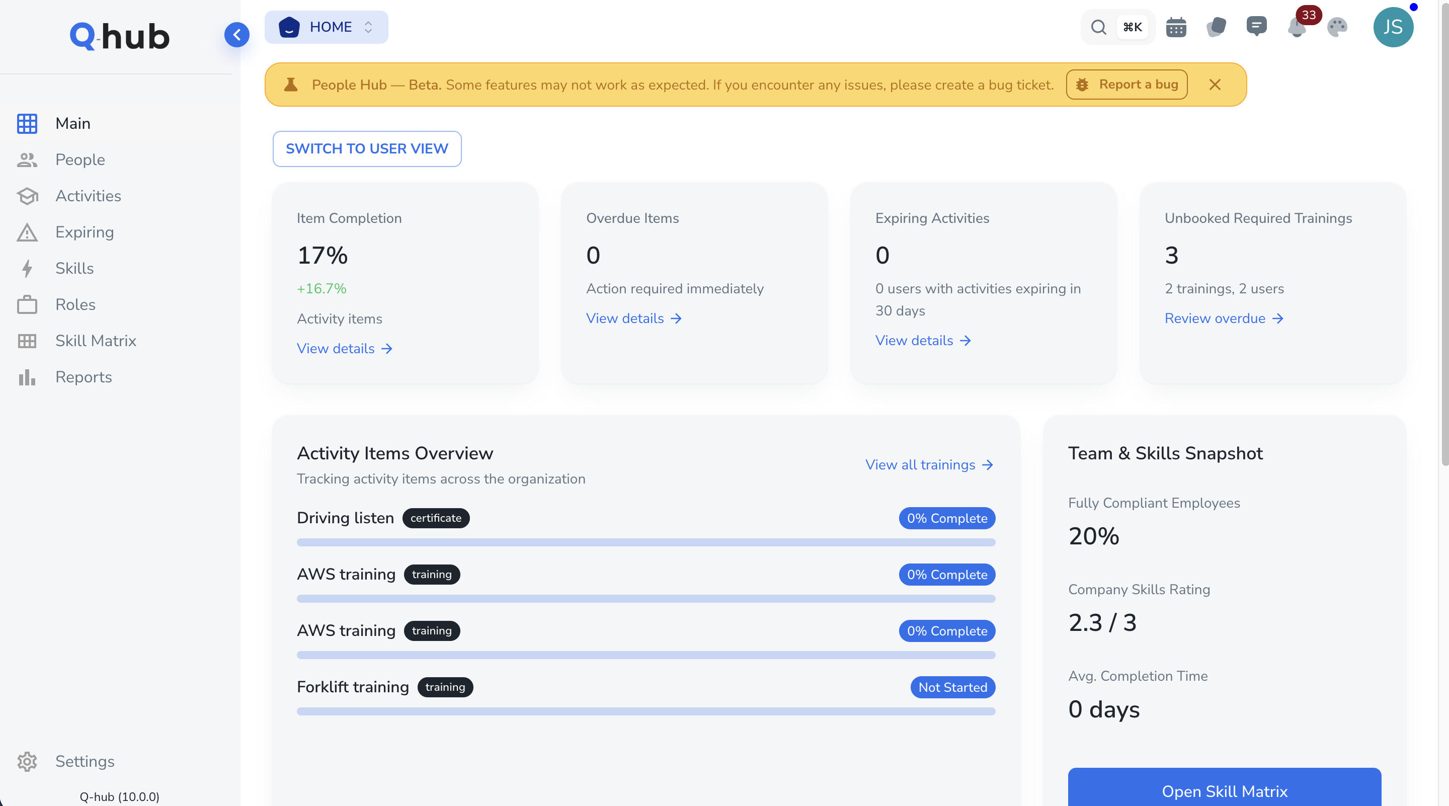Q-Hub People Hub showing training completion, skills matrix, activity items and team competency snapshot