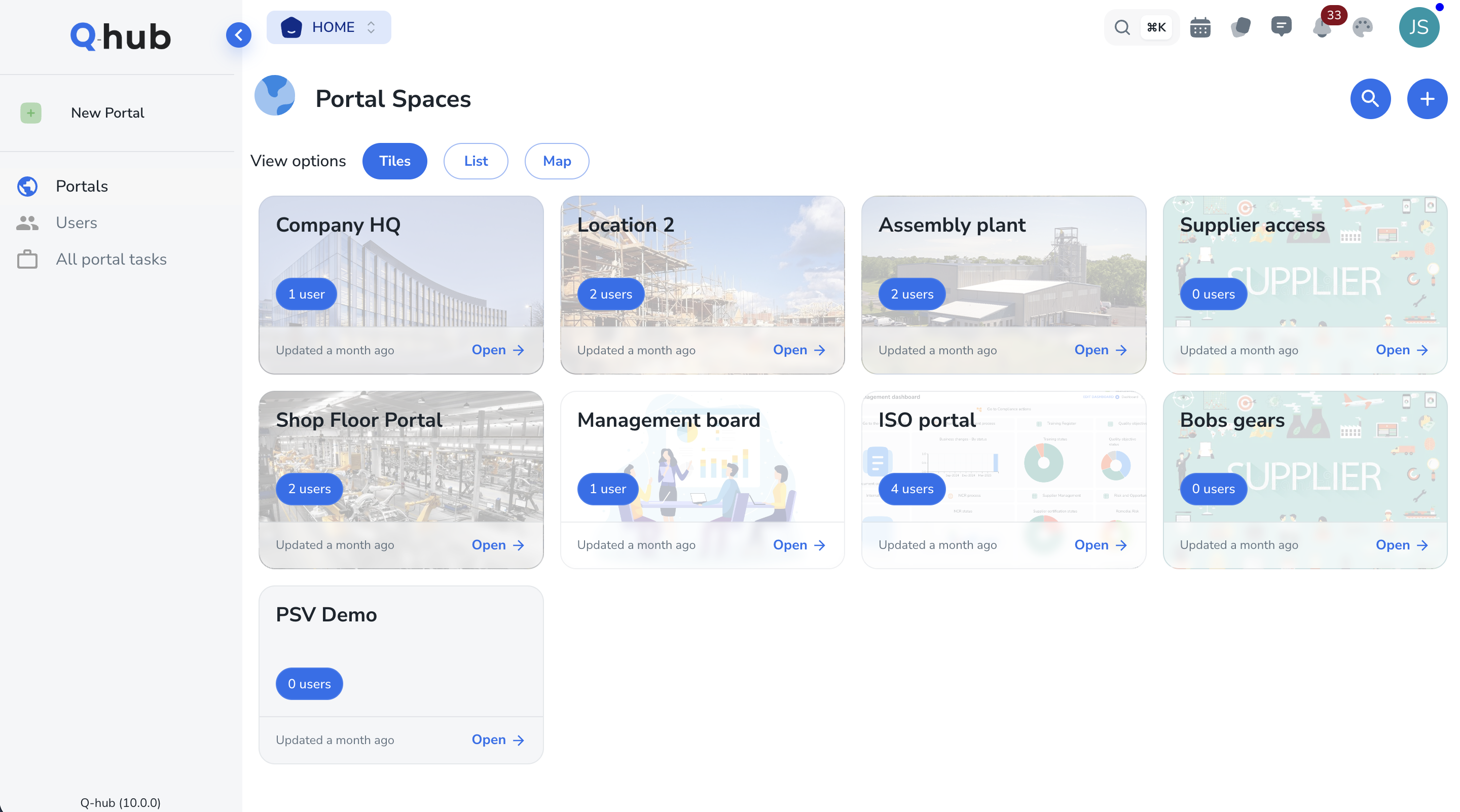 Q-Hub Portal Spaces showing branded portals for Company HQ, assembly plant, supplier access and more