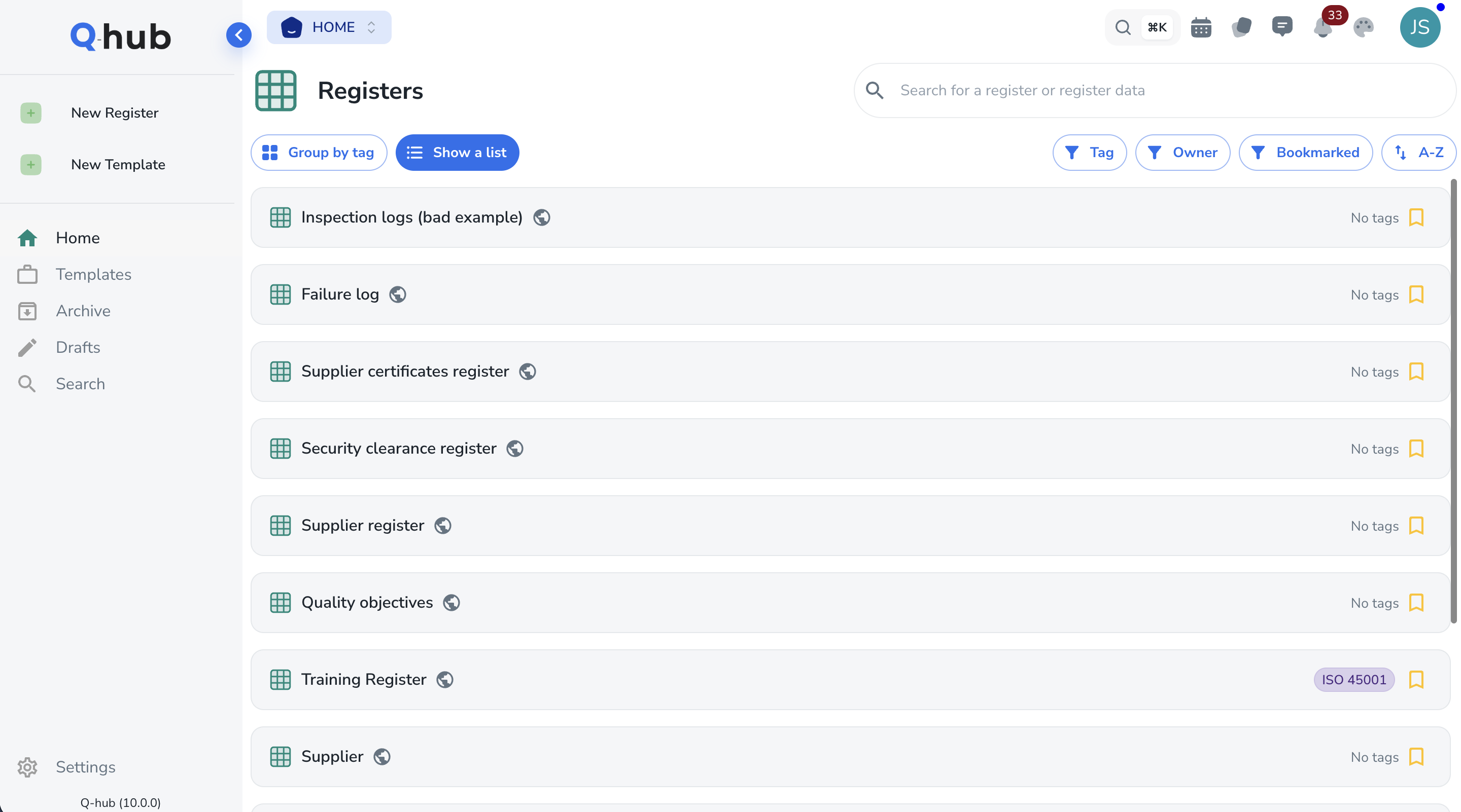 Q-Hub Register Hub showing inspection logs, supplier registers, risk and quality objectives