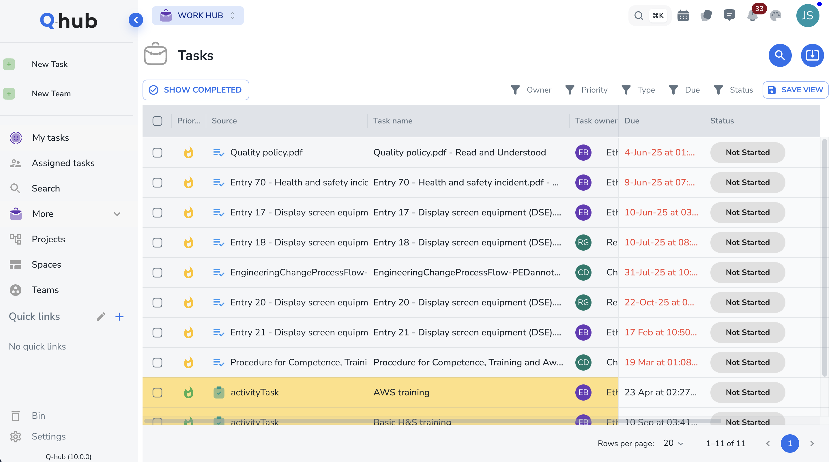 Q-Hub action planning interface with assigned corrective actions